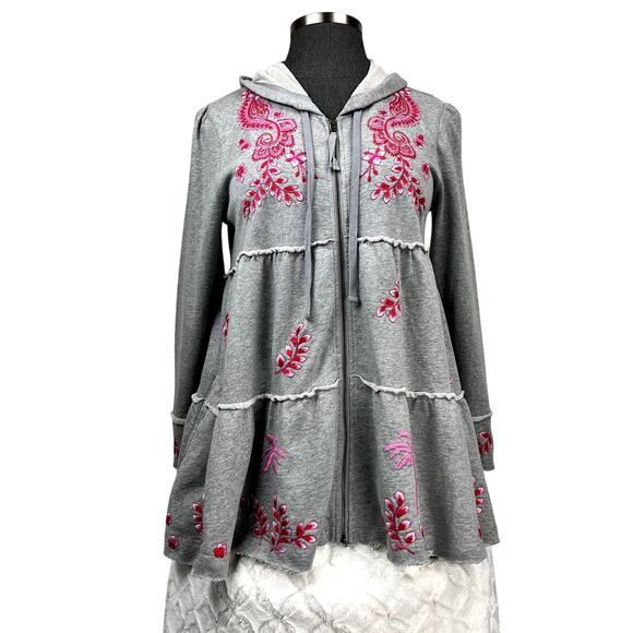 Johnny Was Jackets & Blazers - Johnny Was 3 Tier Gray Embroidered Women's Hooded Fleece Zip Jacket Size Large